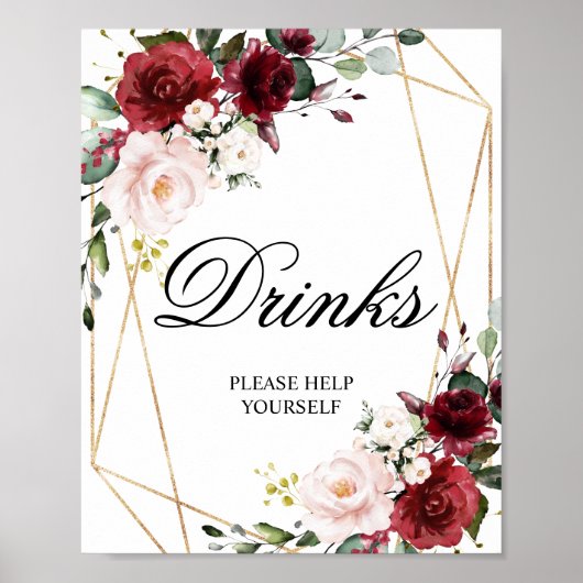 Roze en Bourgondië Roos Douche Dranken Bord Poster (Voorkant)