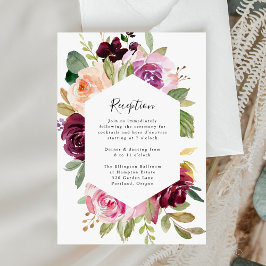 Roze en Bourgondische bloemige huwelijksreceptieka RSVP Kaartje