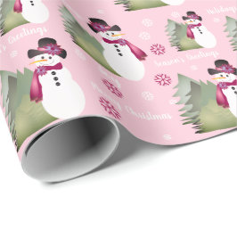 Roze en Bourgondische sneeuwman Cadeaupapier