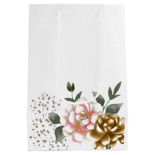 Roze en Bronzen Pioenbloemen en Confetti Stippen Medium Cadeauzakje (Achterkant)