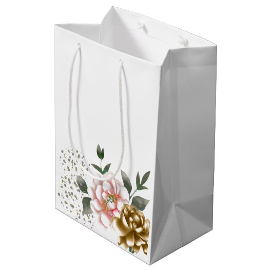 Roze en Bronzen Pioenbloemen en Confetti Stippen Medium Cadeauzakje (Achterkant Gekanteld)