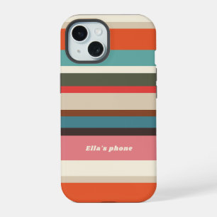 Roze en Bruin 70s Hippie Stripes Gepersonaliseerd iPhone 15 Case