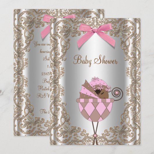 Roze en Bruin Afro-Amerikaans Meisje Baby shower Kaart (Voorkant / Achterkant)