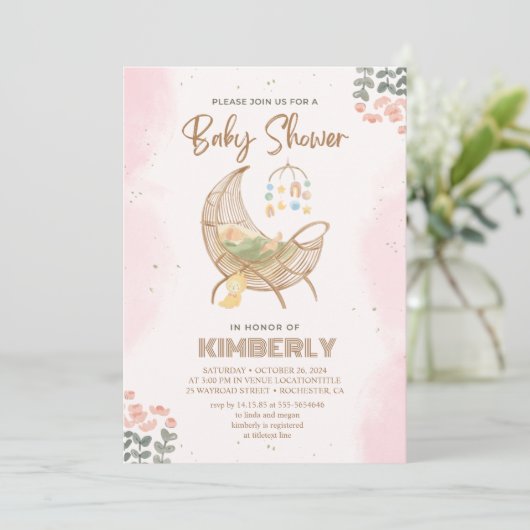 Roze en bruin Baby shower uitnodiging (Staand voorkant)