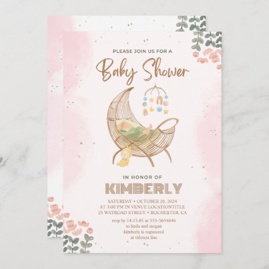 Roze en bruin Baby shower uitnodiging (Voorkant / Achterkant)
