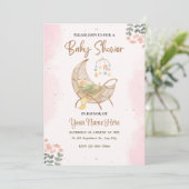 Roze en bruin baby shower uitnodiging Meisje (Staand voorkant)