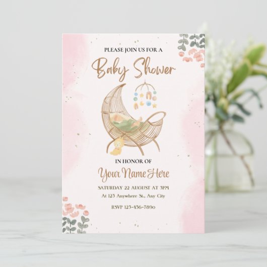 Roze en bruin baby shower uitnodiging Meisje (Staand voorkant)