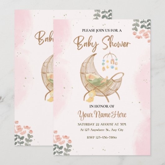 Roze en bruin baby shower uitnodiging Meisje (Voorkant / Achterkant)