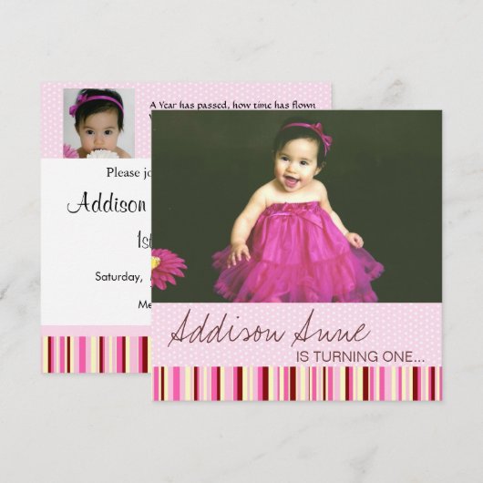 Roze en bruin babymeisje 1e verjaardag uitnodiging (Voorkant / Achterkant)