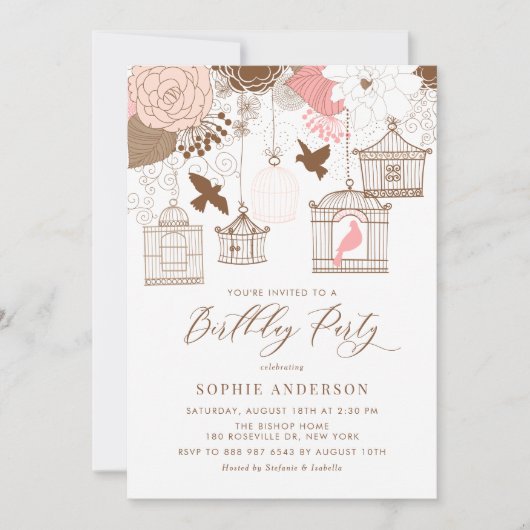 Roze en Bruin  Birdcages Verjaardagsfeest Kaart (Voorkant)