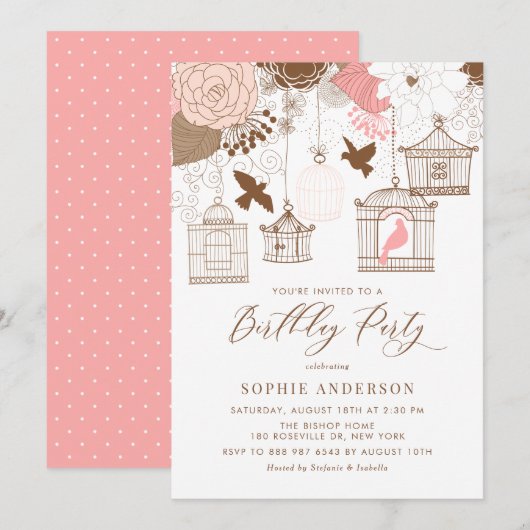 Roze en Bruin  Birdcages Verjaardagsfeest Kaart (Voorkant / Achterkant)