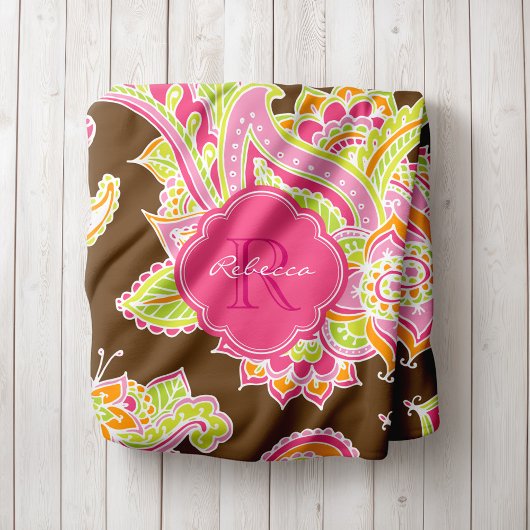 Roze en Bruin Boho Paisley Monogrammed Fleece Deken