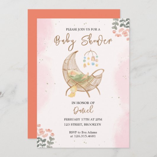 Roze en Bruin Cradle Baby shower Invitation Kaart (Voorkant / Achterkant)