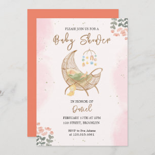 Roze en Bruin Cradle Baby shower Invitation Kaart