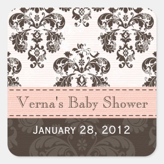 Roze en bruin Damask Favor Labels Stickers (Voorkant)