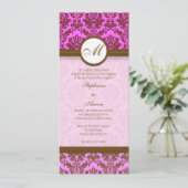 Roze en bruin Damask Monogram Wedding Uitnodiging (Staand voorkant)