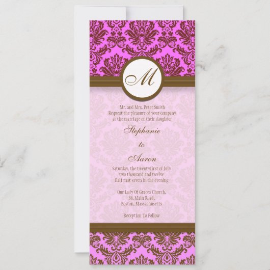 Roze en bruin Damask Monogram Wedding Uitnodiging (Voorkant)