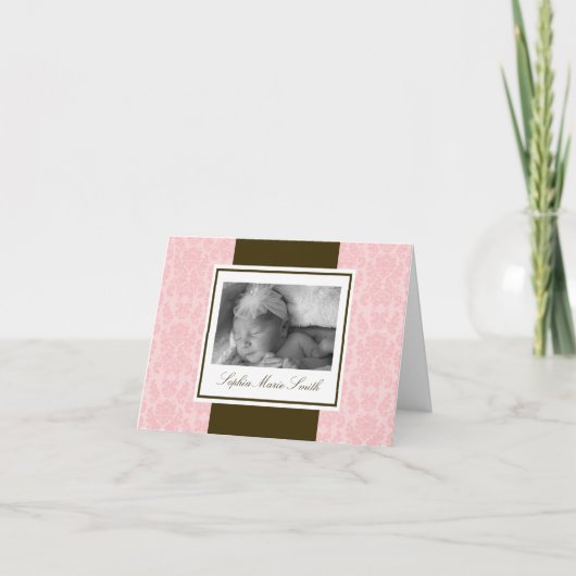 Roze en Bruin Damask Note Kaart (Voorkant)