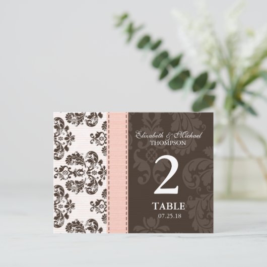 Roze en bruin Damask Trouwtafel Nummer Briefkaart (Staand voorkant)