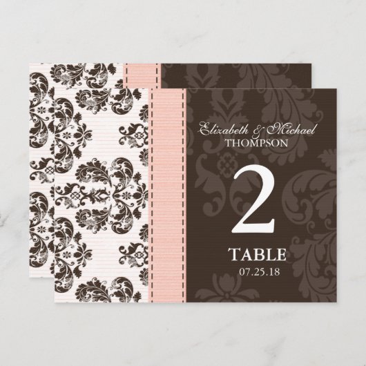 Roze en bruin  Damask Trouwtafel Nummer Briefkaart (Voorkant / Achterkant)