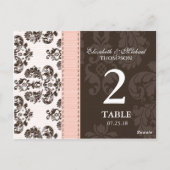 Roze en bruin  Damask Trouwtafel Nummer Briefkaart (Achterkant)