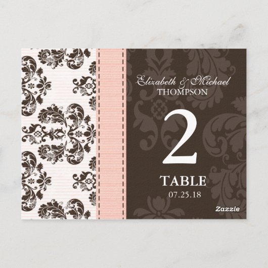 Roze en bruin  Damask Trouwtafel Nummer Briefkaart (Achterkant)
