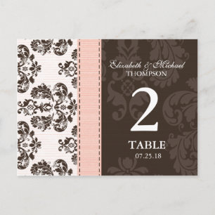 Roze en bruin Damask Trouwtafel Nummer Briefkaart