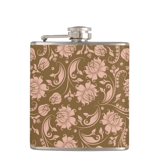 Roze en bruin Floral Pattern Heupfles (Voorkant)