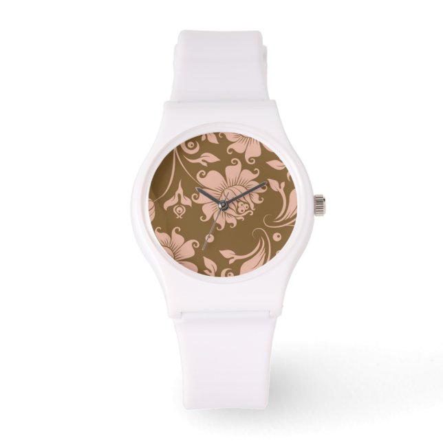 Roze en bruin Floral Pattern Horloge (Voorkant)