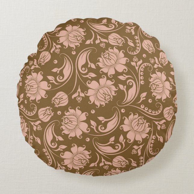 Roze en bruin Floral Pattern Rond Kussen (Voorkant)