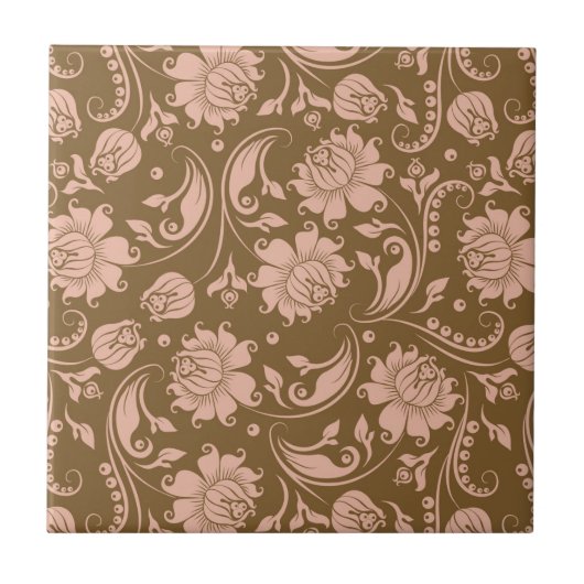 Roze en bruin Floral Pattern Tegeltje (Voorkant)