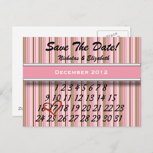 Roze en Bruin Gestreept Bewaar de datum Custom Cal Aankondigingskaart (Voorkant / Achterkant)