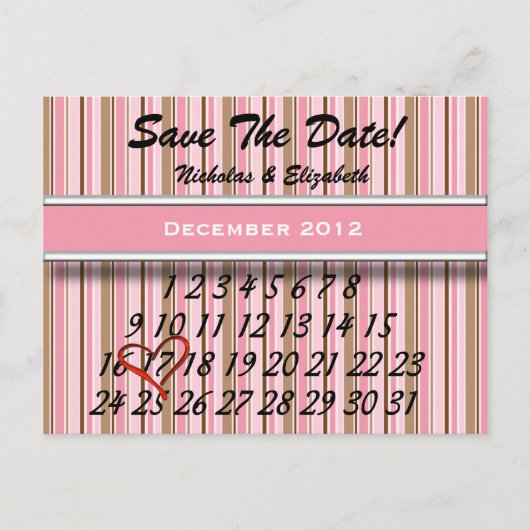 Roze en Bruin Gestreept Bewaar de datum Custom Cal Aankondigingskaart (Voorkant)