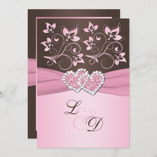 Roze en Bruin Gevoegd Monogram Uitnodiging tot het (Voorkant / Achterkant)