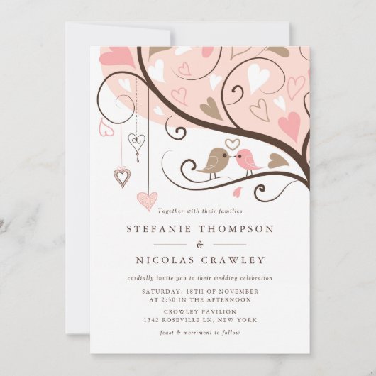 Roze en bruin grillige lovebirds bruiloft kaart (Voorkant)