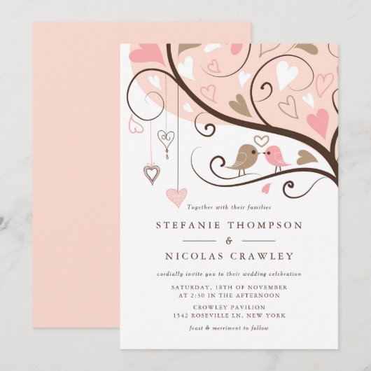 Roze en bruin grillige lovebirds bruiloft kaart (Voorkant / Achterkant)