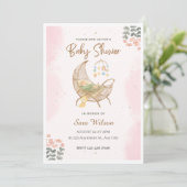 Roze en Bruin Illustratief Baby shower Uitnodiging (Staand voorkant)