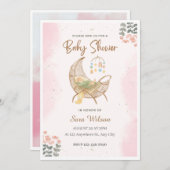 Roze en Bruin Illustratief Baby shower Uitnodiging (Voorkant / Achterkant)
