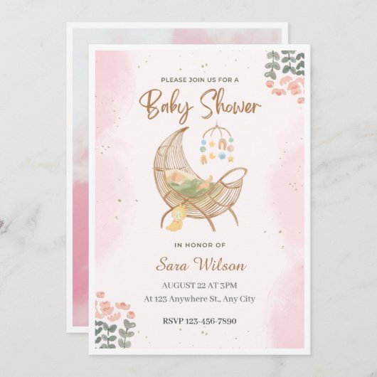 Roze en Bruin Illustratief Baby shower Uitnodiging (Voorkant / Achterkant)