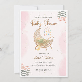 Roze en Bruin Illustratief Baby shower Uitnodiging