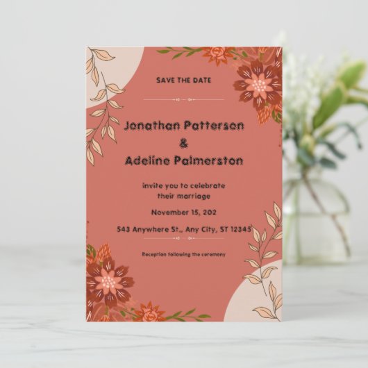 Roze en Bruin Illustratieve Huwelijksuitnodiging A Kaart (Staand voorkant)