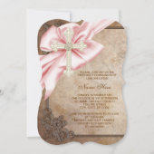 Roze en Bruin Kruis Eerste Communie Kaart (Voorkant)