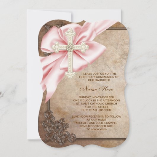 Roze en Bruin Kruis Eerste Communie Kaart (Voorkant)