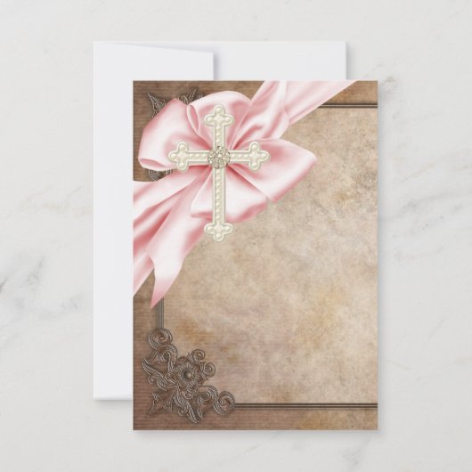 Roze en Bruin Kruis Eerste Communie Kaart (Achterkant)