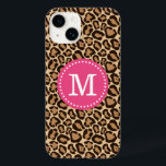 Roze en Bruin Luipaard Print Monogram Case-Mate iPhone Case<br><div class="desc">Cute girly trendy chic leopard animal print patroonachtergrond en uw aangepaste gepersonaliseerde naam monogram in een cirkelvormig lijst met poka dot border. Klik de Customize knoop van het om doopvonten en kleuren in creëer uw eigen unieke één van een soortontwerp te veranderen.</div>
