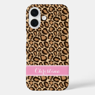 Roze en Bruin Luipaard Print Monogram iPhone 16 Hoesje