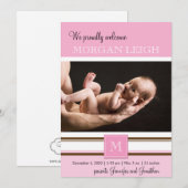 Roze en Bruin Monogram Meisje Baby Aankondiging (Voorkant / Achterkant)
