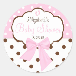 Roze en bruin Polka Dots-Baby shower Ronde Sticker