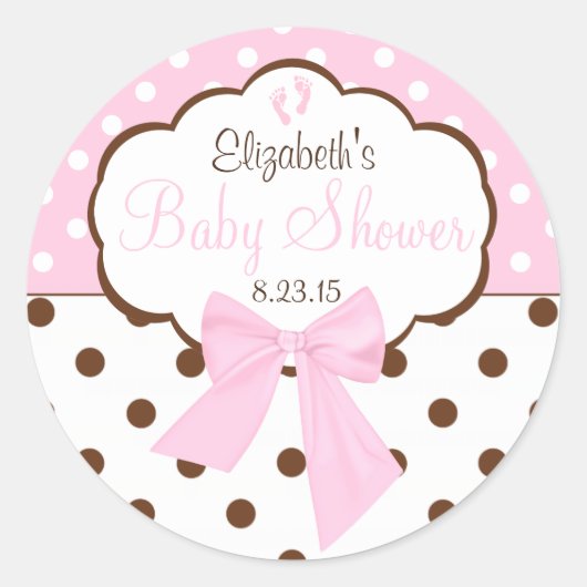 Roze en bruin Polka Dots-Baby shower Ronde Sticker (Voorkant)
