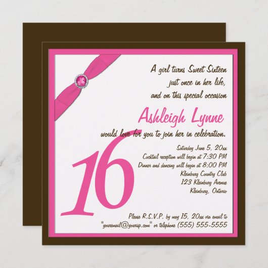 Roze en bruin vierkant zoet zestien uitnodiging (Voorkant / Achterkant)